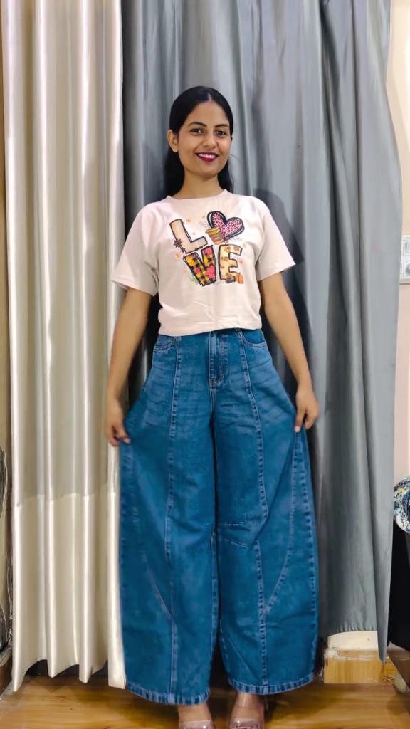 Premium Elegant Layered Casual Top with Relaxed Wide-Leg Denim Pants Co-Ord Set ✨