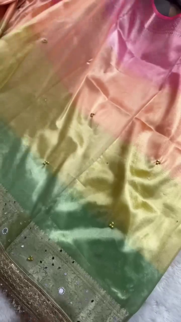 ✨ Luxury Pastel Multicolor Satin Silk Saree with Elegant Gradient Effect, Delicate Embellishments & Ornamental Designer Border for Festive and Wedding Glamour ✨