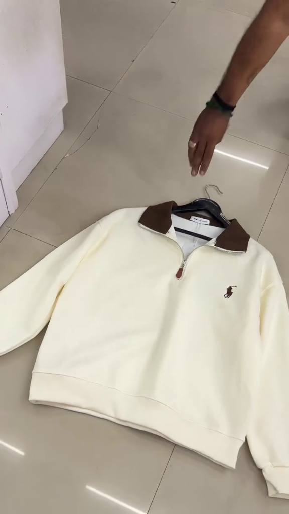 Premium Cream White Half-Zip Sweatshirt with Contrast Brown Collar & Minimal Equestrian-Inspired Chest Embroidery ✨🧥