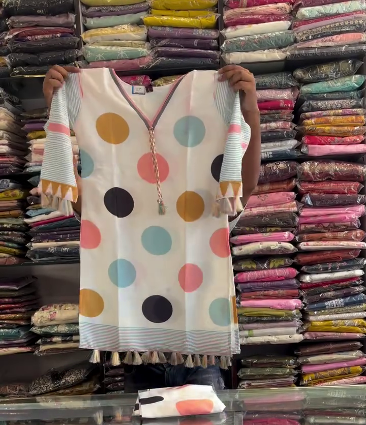 Elegant Multicolour Polka Dot Printed Women’s V-Neck Tunic with Striped Sleeves, Decorative Tassels & Front Zip Detail ✨👗