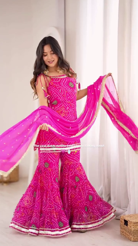 Premium Vibrant Pink Designer Ethnic Sharara Set with Printed Kurti, Flared Sharara Pants, Matching Embellished Dupatta & Decorative Border – Festive Party Wear