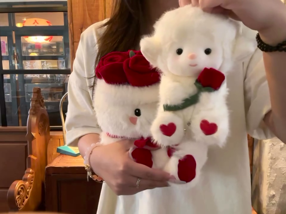 Adorable Soft Cream Teddy Bear Character Plush Toy with Cute Hat Design, Red Rose Detail, Sweet Facial Features, Bow Accent & Cuddly Decorative Gift-Ready Style for Kids and Loved Ones 🧸🤍🌹✨