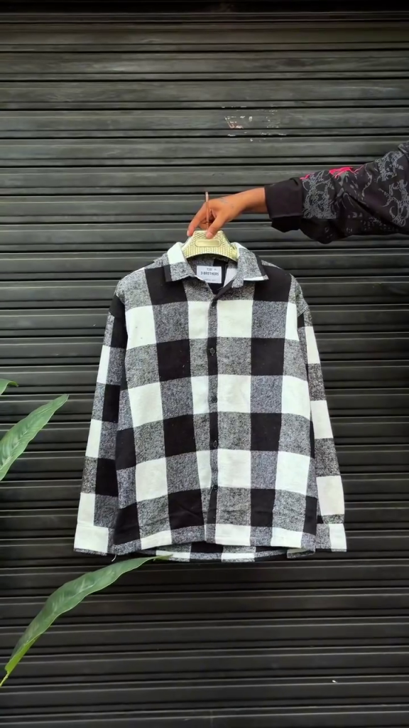Men’s Trendy Black, White & Grey Oversized Checkered Shirt with Classic Spread Collar, Full Sleeves, Button-Down Front, Large Windowpane Pattern and Contemporary Casual Streetwear Styling
