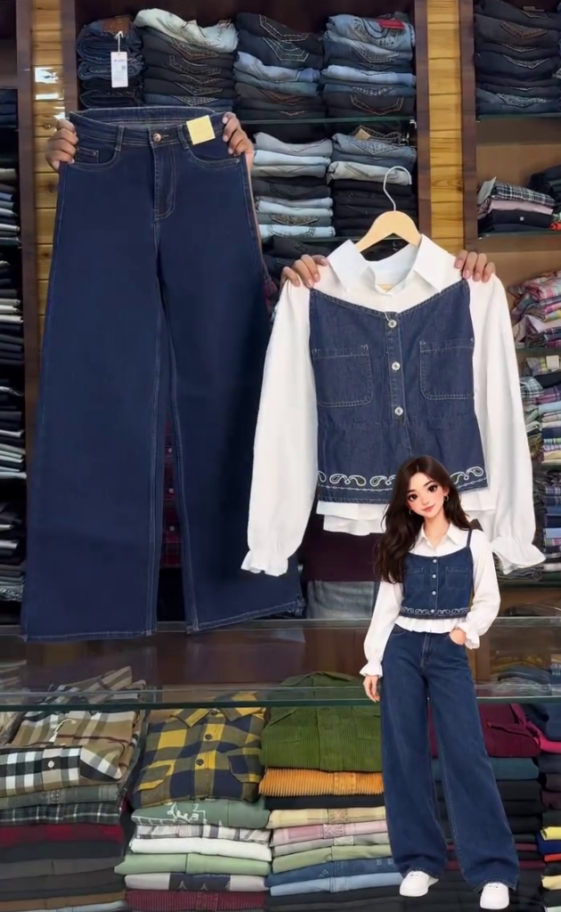Women’s Stylish Dark Blue Denim-Inspired Sleeveless Button-Front Vest with Dual Patch Pockets and Decorative Hem Detailing Paired with Matching High-Waist Wide-Leg Jeans and White Shirt