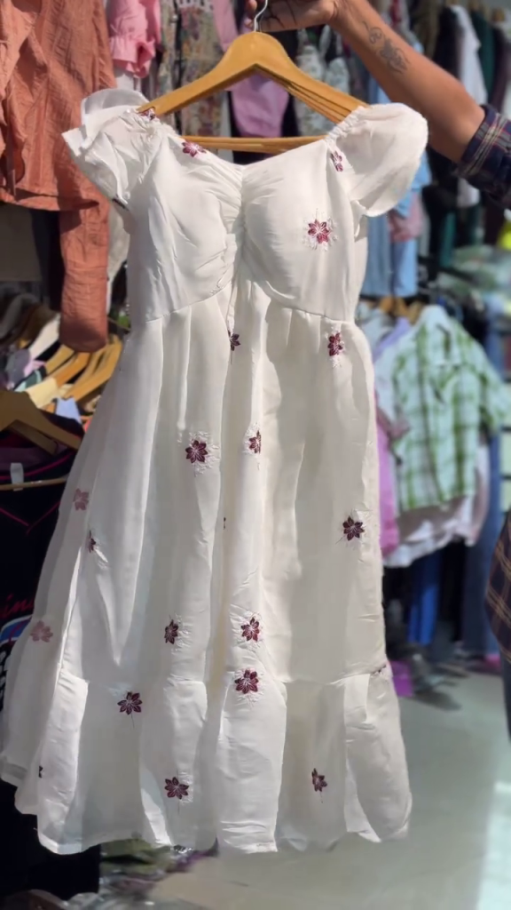 🤍🌸 Premium White Women’s Floral Embroidered Fit-and-Flare Dress with Romantic Puff Sleeves, Shaped Bodice, Delicate Maroon Floral Motifs and Graceful Tiered Skirt – Elegant Casual & Occasion Wear