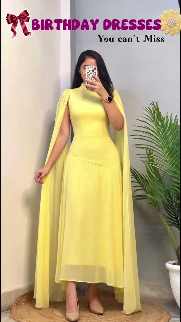 Stunning Yellow Cape Gown Birthday Dress with Flowing Drape