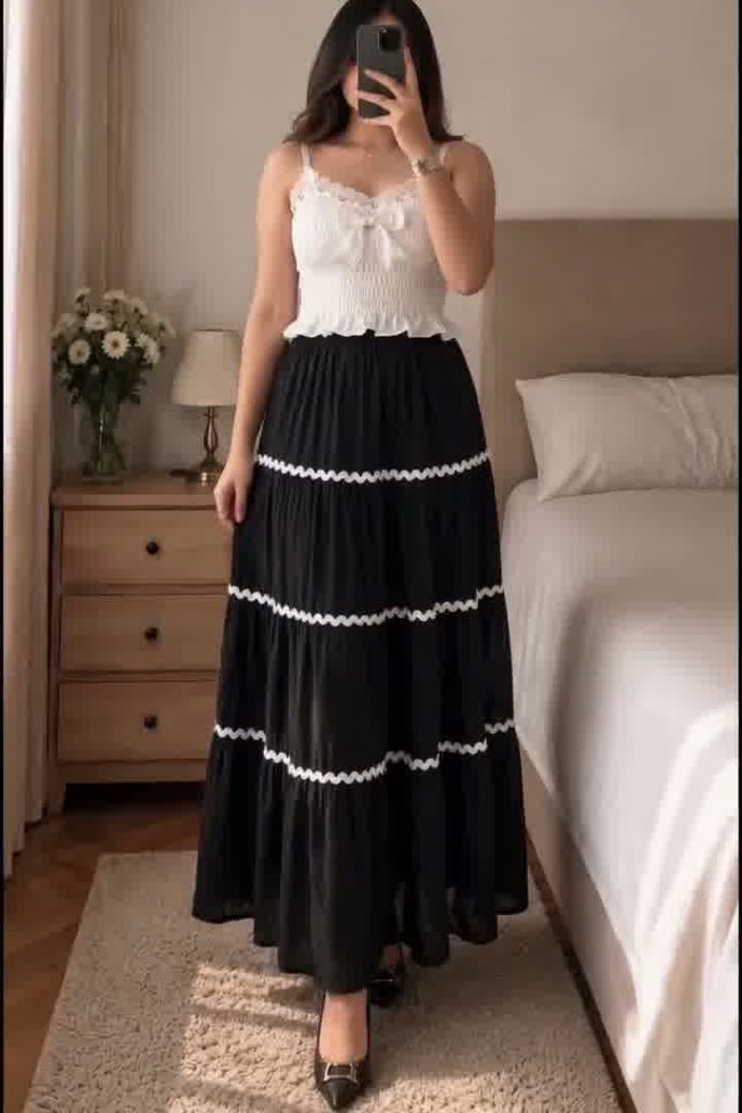 Top and Skirt Set – White Black Tiered