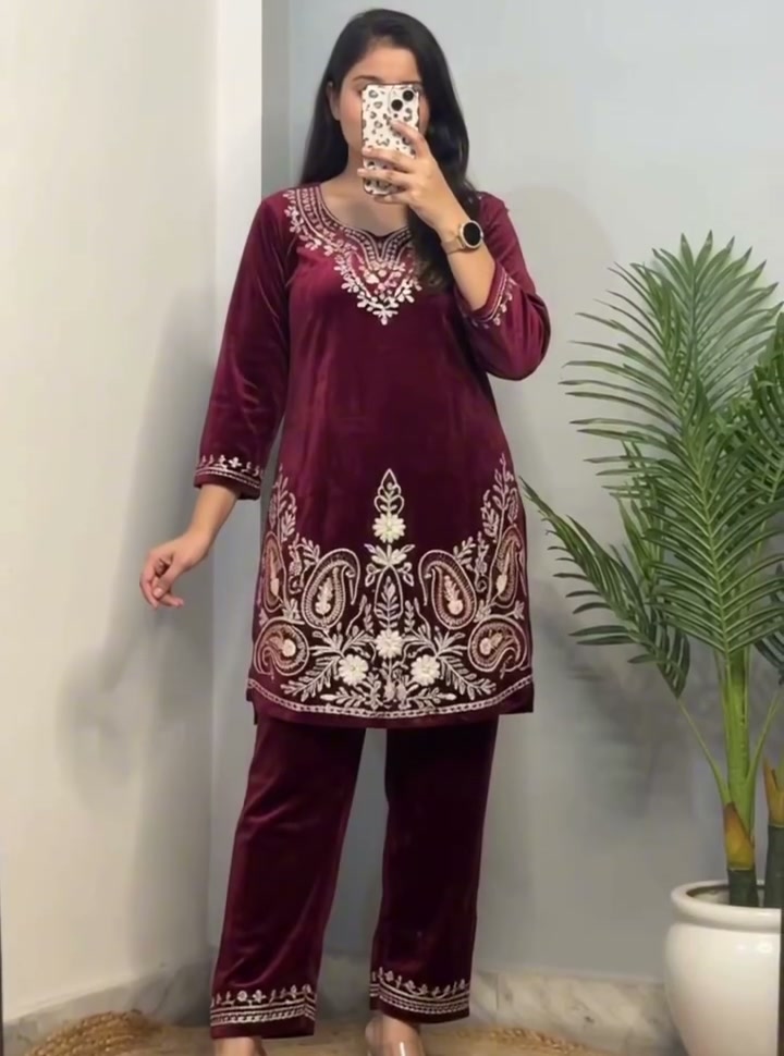 Winter Cord Set – Maroon Velvet Embroidered