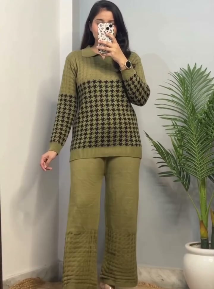 Winter Cord Set – Olive Houndstooth