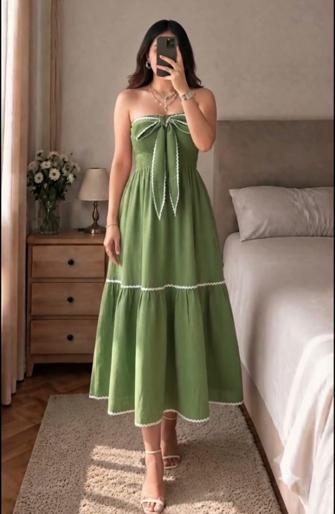 Ruffle Dress – Green Bow