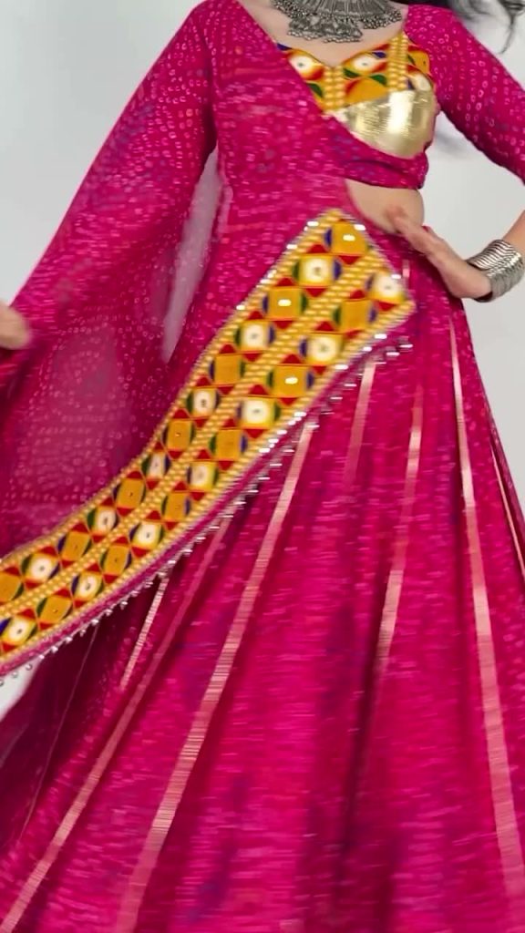 Chaniya Choli – Pink with Yellow Mirror Work Dupatta