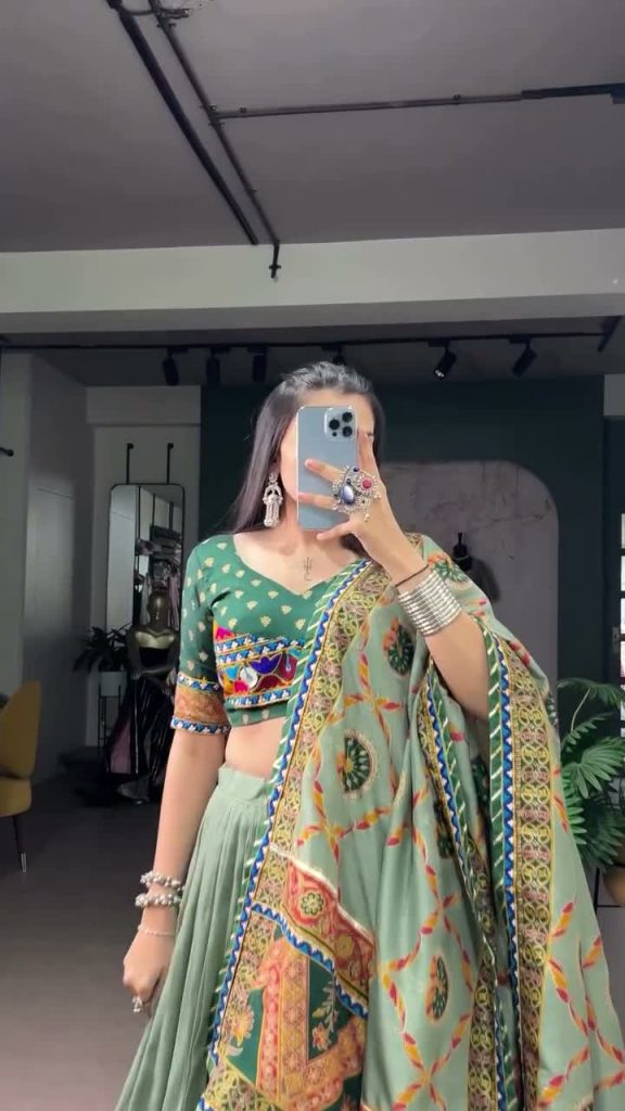 Chaniya Choli – Green Printed with Mirror Work Dupatta