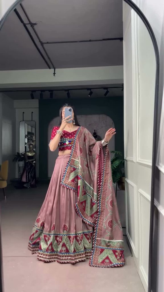 Chaniya Choli – Dusty Pink Printed with Mirror Work Dupatta