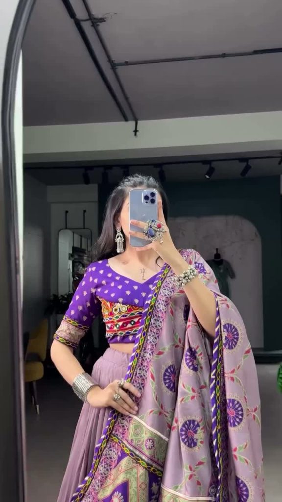 Chaniya Choli – Lavender Printed with Mirror Work Dupatta